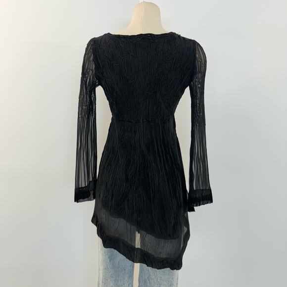 Komarov Beaded Neck Long-Sleeve Tunic Top Crinkled Sheer Fabric Black | Small - Picture 7 of 12
